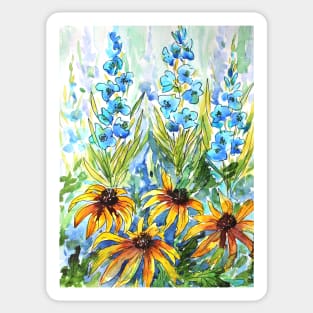 Delphinium and Echinacea  Flowers Watercolor Painting Sticker